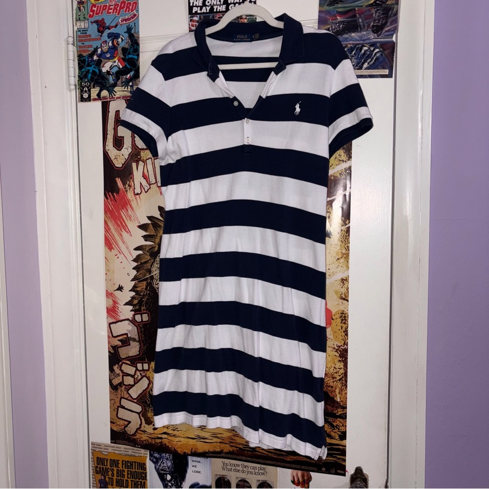 Polo Ralph Lauren Navy Blue & White Rugby Short Sleeve Polo Dress